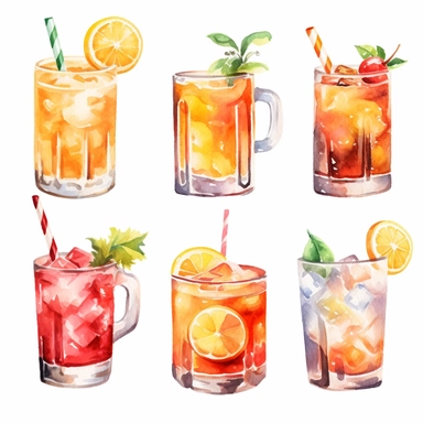 Alcohol cocktail collection. Watercolor illustration. Drinks clipart