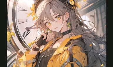 Anime secondary beauty girl, half portrait, a brown long hair beauty girl with lemon shaped hair clip, modern clothing, urban avant-garde, wearing yellow clothes, the background is clock gear, gorgeous colors, gold wire gear, bright colors, high definition, overlooking Angle