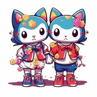 two Takashi Murakami style cats holding hands wearing cute dresses with big cartoon shoes, with bows in the hair , clip art, Japanese