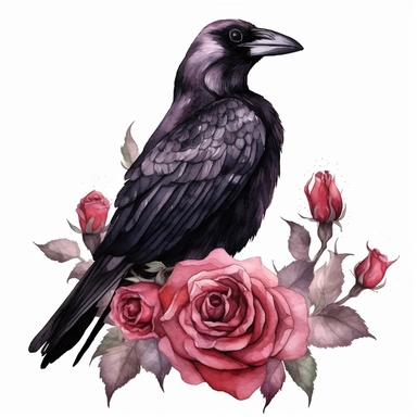 Halloween raven with roses, dark pink and black, watercolor, clipart, illustration, white background