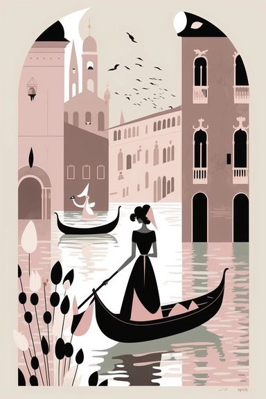 <https://s.mj.run/MY6OlCvQScU> Mary Blair style, minimalistic nordic style single clipart, single black Venice gondola, minimalistic pastel pink color palette,