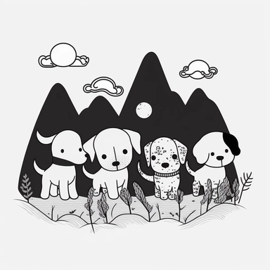 group of dogs hiking together in the mountains. cute, clipart, flat 2d vector, minimalist, black and white, kids cartoon, svg cut file, line art drawing