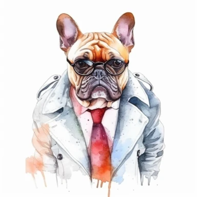 mafia boss french bulldog, watercolor clipart, minimalist, bright colors, isolated white background, 8k