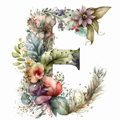 Watercolor botanical flower letter E, clipart, colorful, white background