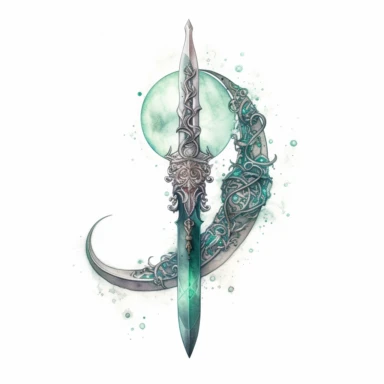 wich magical dagger decoreated with crescent moon , in the style of mystic mechanisms ,pencil art illustrations, Isolated white background, reimagined by industrial light and magic, lith printing, illusory images, watercolor clipart, very subtle emerald tones, , ,