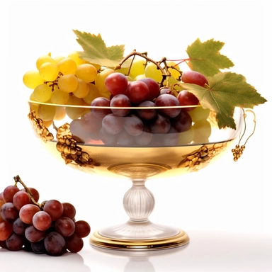 classic fine art photography of a tropical fruit bowl wine glasses grapes golden leaves, high definition, ultra realistic, clip art on white background k8