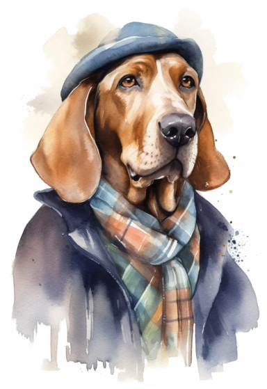 watercolour of a Basset Hound wearing A light blue short-sleeved shirt with a navy blue cardigan, Complete the look with a green plaid scarf and a brown flat cap, clipart, colourful, pastel color, watercolour, single sheet