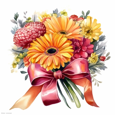 beautiful, bright colors, [Zinnia,Marigold,Rose,Sunflower,Daisy, floral bouquet] with a pink tied bow ribbon, watercolor, clipart,cinematic, dramatic, realistic, very detailed, white background, clipart, medium image size ,