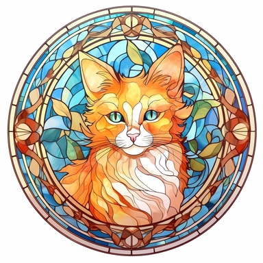 Vintage Cute Beautiful Round Stained Glass Cat Sublimation Clipart, Cartoon, hyper realistic, intricate detail, illustration style, high solution, on the white background