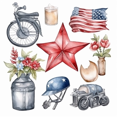 Watercolor memorial day, illustrations clipart set, simple, christmas colors , cartoon elements, different variants , , separate elements with a margin