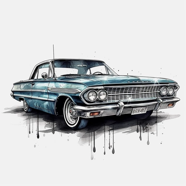 Revitalize the spirit of the 1960s with a large ink block clipart of a Chevrolet Impala, embodying the essence of American muscle car culture. In HD on a white background.