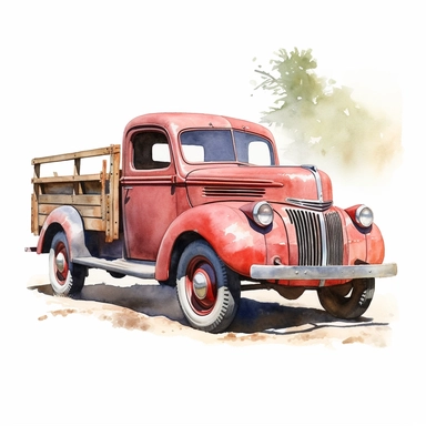realistic watercolor drawing of a vintage ford truck in California farm, on a white background where the background will be removed to repurpose as a clipart.
