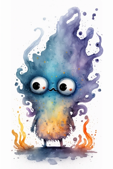 cute and adorable galaxy fire character with googley eyes, in style of watercolors, storybook illustration, clipart on white background, minimalistic and harmonic drawing