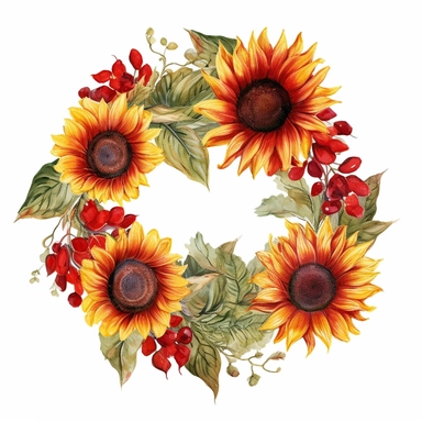 a watercolor of a circle of sunflowers, cherry academy style, cherry red nuances, vector free clipart illustration, in the style of unreal engine 5, 32k uhd, detailed features, white background