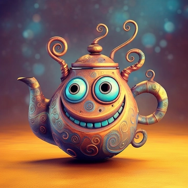 Whimsical magical wacky tea pot, dancing, large eyes, big smile, muted colors, swirls, twists, twirls, metallic, glitter, stylized, funny, centered, airbrushed, digital oil, detailed illustration, clip art, cartoon, 8k,-- ar 9:8