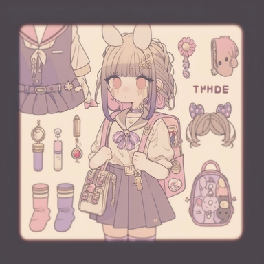 , a girl that is standing in front of a bunch of stuff,trending on deviantart,character sheet,???,embrace porcelain doll,everything fits on the screen,highly detailed object content,secret,knolling,clipart icon,anime,first aid kit,bunny