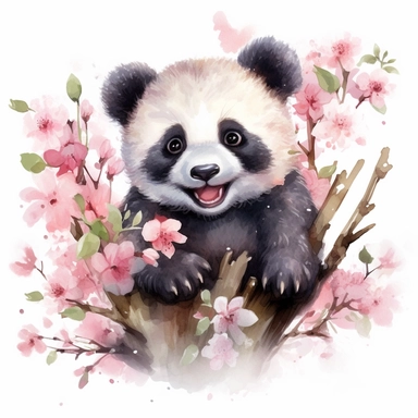 a cute happy laughing baby panda sitting proudly on a pink sakura branch, teacher, with a few spring blossoms and leaves framing the scene, vivid colors, watercolor by thomas w. shaller, clipart, white background, no watermark, 8k, super resolution, megapixel
