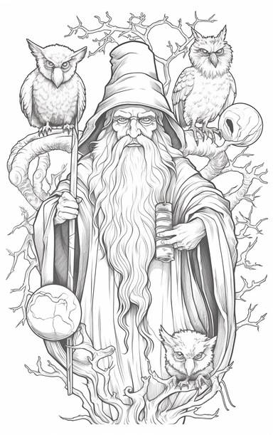 Coloring cartoon page for adult,witch clipart 6 witches, owl, in the style of reimagined by Dr. Seus, mystic mechanisms, illusory images, witchcore, lith printing ,clear and clean line art, white background