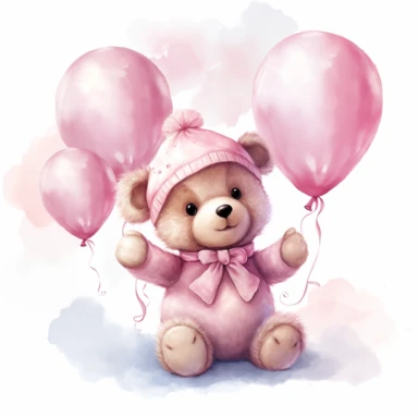 clipart, a whimsical illustration of a contented, loving and angelic baby teddy bear, wearing pajamas and pajamas hat, holding balloons, surrendered by pink fluffy clouds, Use a smooth and light watercolor technique to give the artwork a dreamy and ethereal quality