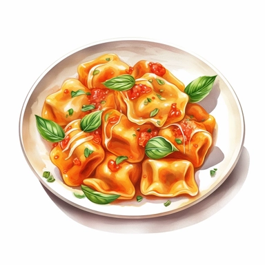 watercolor ultra realistic and hyper detailed illustration of a traditional italian Tortellini in Tomato Cream Sauce (with cheese or meat filling) on a plate clipart, white background
