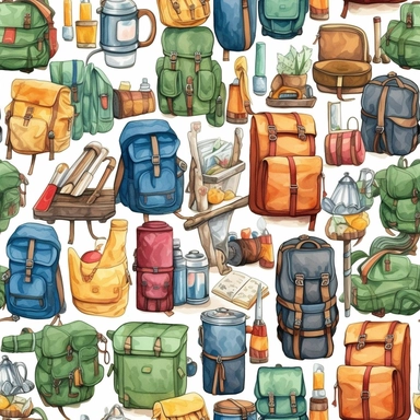 Seamless pattern, Watercolor detailed clipart, camping backpack