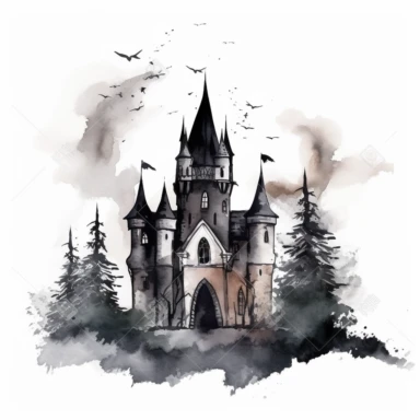 on a white background Illustrate a watercolor clipart of a gothic castle with soaring turrets, looming over a dark and misty forest. The clipart should have a haunting and mysterious feel, with a focus on the castle's intricate details
