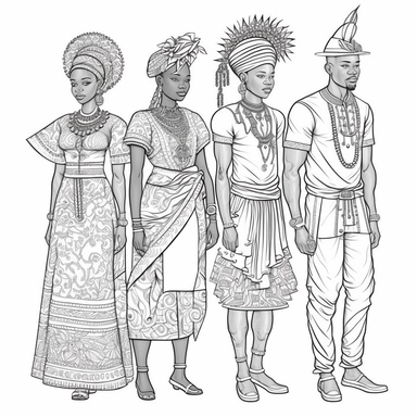 four nigerian villager african male and female village couples standing tall and dignified, coloring page for adults, no color, crisp lines, coloring pages for adults, think lines, clipart, vector, full body, no shading, full body, realistic, 8k, detailed