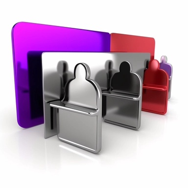 3d model of group of metallic user icon, card with information of user, black+red+silver+purple, clipart, white background