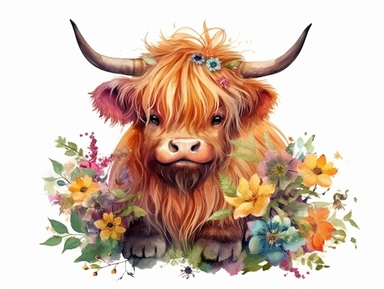 realistic watercolor cute baby highland cow in metal tube and multicolored flowers floral bouquet, full body, white background, children book illustration, 8k, ultra detailed clipart, warm colors