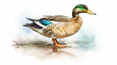 Mallard bird, sharp illustration clipart, watercolor art, insane detail, white background realistic photography, Higher coherence, Improved sharpness, accuracy, perfect look, perfect lighting, center of frame, ultra HD, 8k, Full body, OC renderer, sweet,sweet, dynamic background,(no unwanted borders or text artifacts)