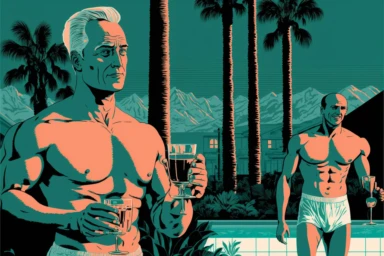 letraset clipart of handsome 40 year old men drinking a martini near a vintage, muscular man in palm springs at night, 1960's, happy, palm trees, mid century building, pool