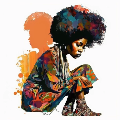 60s, funk, african woman, Kneeling, full body, art nouveau, afro bob hair, water colour painting, clipart, white background, batik