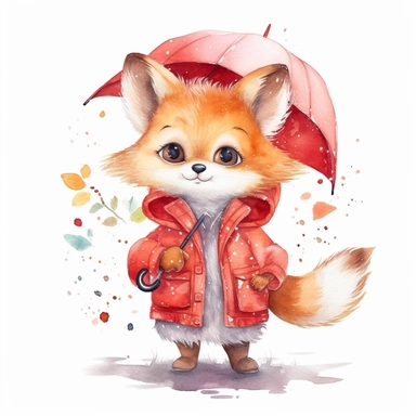 hand drawn, watercolor, water splash, cute baby fox wearing a red jacket, fairy tale atmosphere, cute, lively, cartoon style, colorful, 4k, clipart, on white background