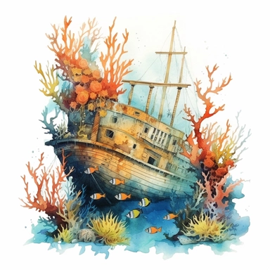 watercolor underwater shipwreck, in a cove , fish coral plant and bubbles, shades of coral turquoise yellow and blue, glamorous, very detailed and realistic, white background with margins, clipart style