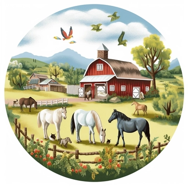 farm scene ponies, horses, clipart