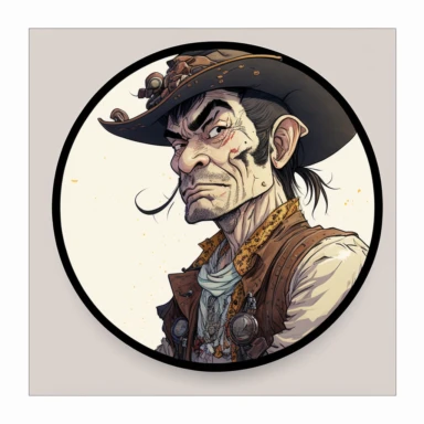 caricature Tsutomu Yamazaki old cowboy, Dungeons & Dragons, handpainted punk zine film poster, clipart illustration, circle white background, circle border