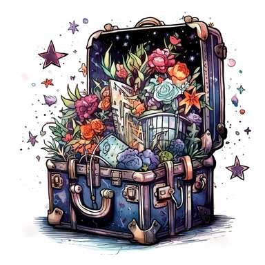 creepy magic suitcase with flowers growing out of it stars clipart, detailed, white background, illustration painting, collaged constructions, digital art, watercolor, in the style of sculptural and geometric, forced perspective drawings, Geometric brushstrokes form an intriguingly abstract, in the style of dark fantasy, creepy frightening repulsive images, frightening, painterly figure, by Pablo Picasso, by Wassily Kandinsky, by Zdzisław Beksiński