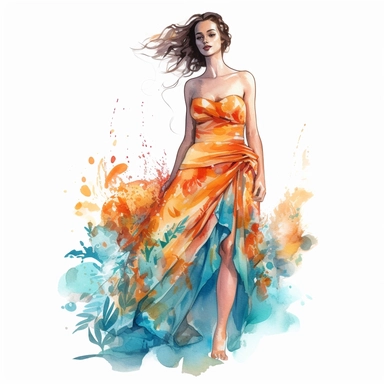 watercolor, hyper realistic, white background, white margins, 16k, ultra detailed clipart, cut out image, hand-drawn, whimsical a flowing, a pretty lady wear an off-the-shoulder dress with a tropical print, perfect for a beach party. vibrant Orange and Turquoise