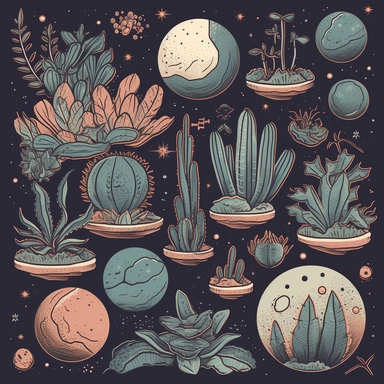 a collection of hand-drawn, eco-friendly illustrations that combine celestial elements, such as the moon, stars, and planets, with succulents, cannabis leaves, and healing crystals, at a minimum dpi of 300. Use a variety of color palettes and styles, such as minimalist, bohemian, and ethereal, to create visually appealing designs that can be used as clipart, print-on-demand items, or editable templates.