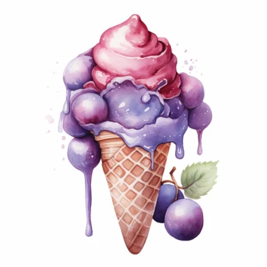 one grape ice cream Watercolor Clipart On a white background , detailed background elements, playful and colorful depictions , no watermark, text, words, paintbrush, typography, the images do not stick together On a white background , in the style of jane newland, detailed background elements, playful and colorful depictions , no watermark, text, words, paintbrush, typography, the images do not stick together,