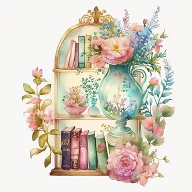 bookshelf and flower arrangement clipart, chinese watercolor, antique subjects, enchanting lighting, fairy kei, wallpaper, neo-victorian, glass figures