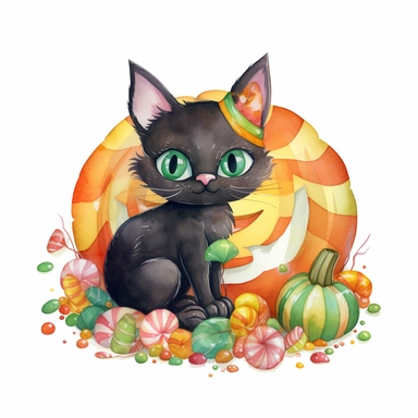 a large Halloween pumpkin, pumpkin is filled with colorful wrapped candies, lollipops, and candy corn, inside the pumpkin is a cute little black kitten with big green eyes, scattered candy is laying flat around the pumpkin, Halloween colors, magic, fantasy, watercolor, clipart style, white background with margins