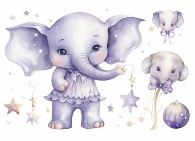 watercolor cute little baby elephant holding a romantic cute star, in the style of light silver and light purple, victorian-inspired illustrations, nature-inspired pieces, 5 sets of clipart of different playful compositions, plush doll art, high resolution, isolated on a white background