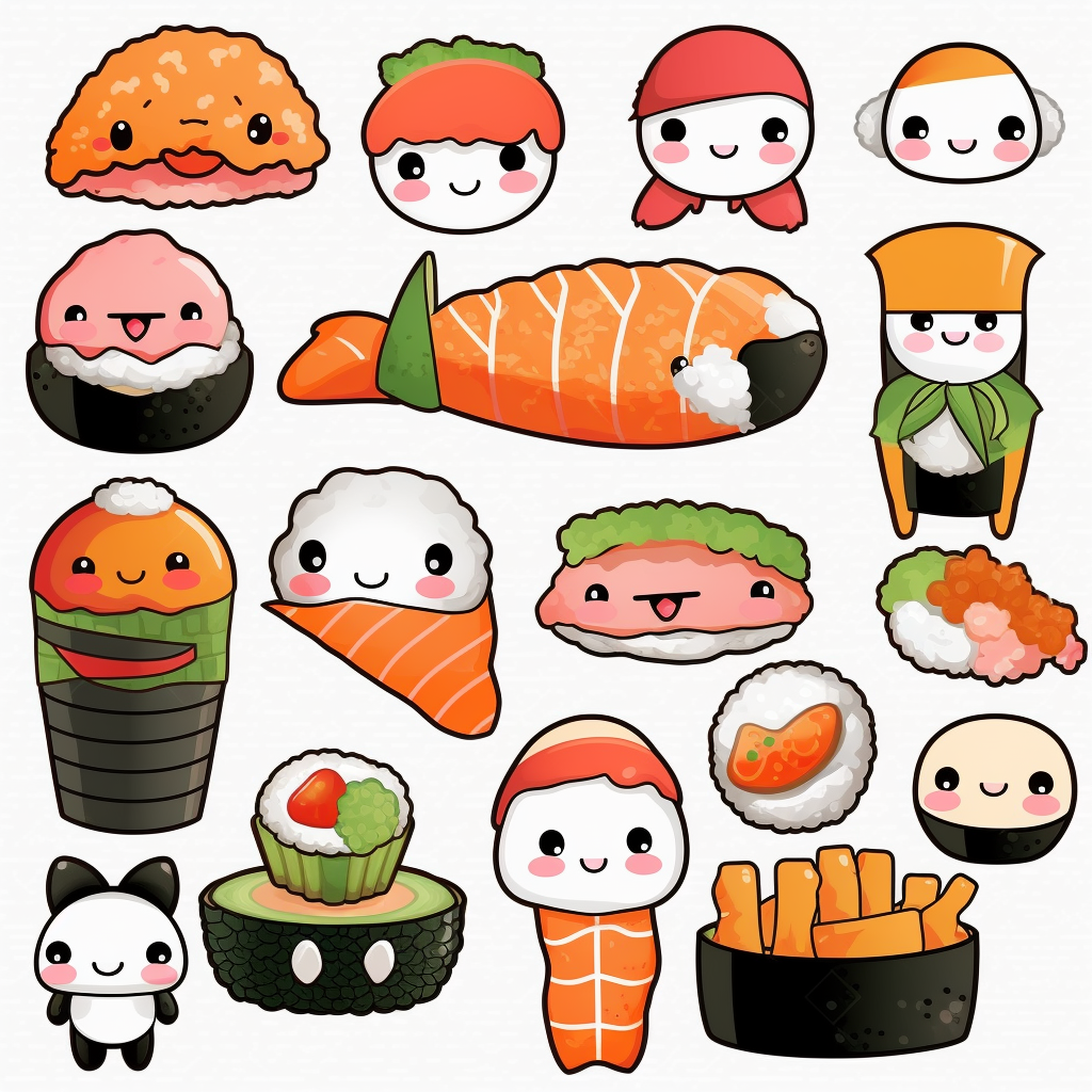 realistic asain kawaii food, digital stamps vector Kawaii Sushi clipart ...