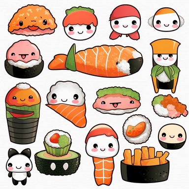 realistic asain kawaii food, digital stamps vector Kawaii Sushi clipart set, Cute sushi clip art, Salmon nigiri, Onigiri, Maki, Ramen, Noodles, Sushi rolls, Japanese food cliparts, Printable Planner stickers, Vector graphics, line art, black and white