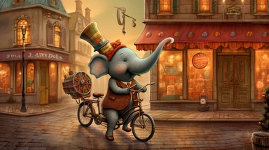 A whimsical chibi-style illustration showing a dapper elephant, trunk swinging in rhythm as he rides an antiquated, large-wheel bicycle. The tuba he carries lets out melodious notes, adding to the jubilant ambiance. The backdrop, a cheerful vintage townscape with cobblestone streets and quaint houses, adds to the storybook charm. Created digitally with a Wacom Cintiq Pro using Clip Studio Paint, utilizing watercolor and pencil brushes for a warm, hand-drawn look