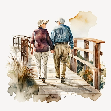 Old Couple Watercolor Clipart walking along a boardwalk with back towards us