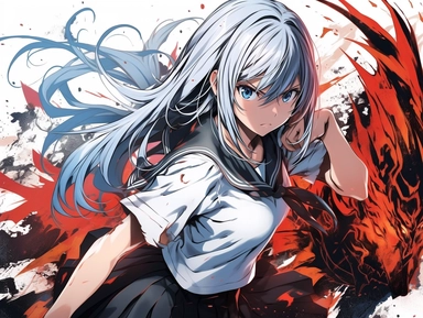 Ikki Tousen Sonsaku Hakufu Japanese manga series, paint art style, clipart, school background, superrealistic, one of a kind. battle other, The artwork features a dynamic, action - packed composition, with swirling energy blasts and dynamic poses adding to the sense of motion and excitement. The lighting is dramatic and moody, with deep blues and purples creating a sense of tension and danger. The overall mood is one of fierce determination, as Frieza battles to overcome his opponents.