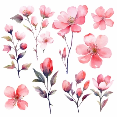 Captivating watercolor clipart set featuring pink flower blossoms, each captured from a different angle, framed with dynamic brushstrokes that convey a sense of movement, energy, and the ever-changing nature of life's journey, clipart on a white backdrop.