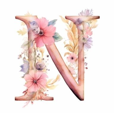Clipart, Watercolor, Delicate, fine line, Gold Alphabet letter N, with soft pink flowers, pastel colors, hand-draw, texture